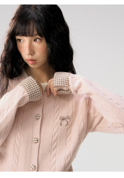 [CAN] "Autumn Letter" Bow Embroidered Faux-Layered Cable Knit Cardigan (Pink & White / Sage Green & Brown)