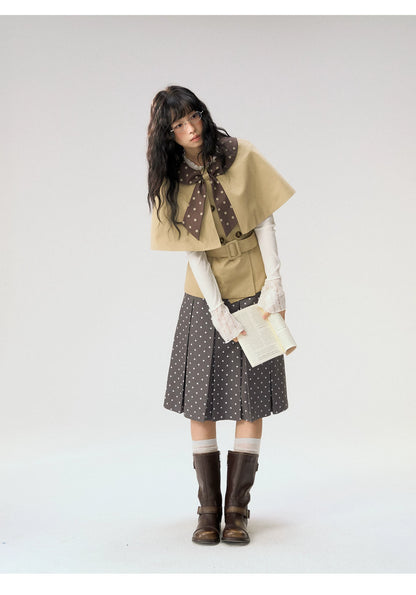 [CAN] “Misty Dot” Gray Polka Dot Pleated A-Line Midi Skirt