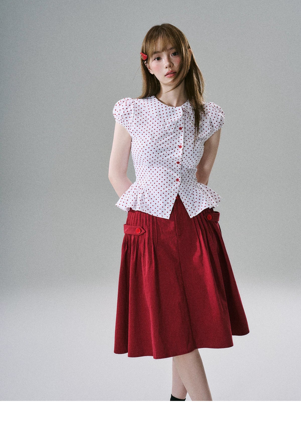 LOST FOREST - Pleated Cotton Utility Skirt (Red / Black)