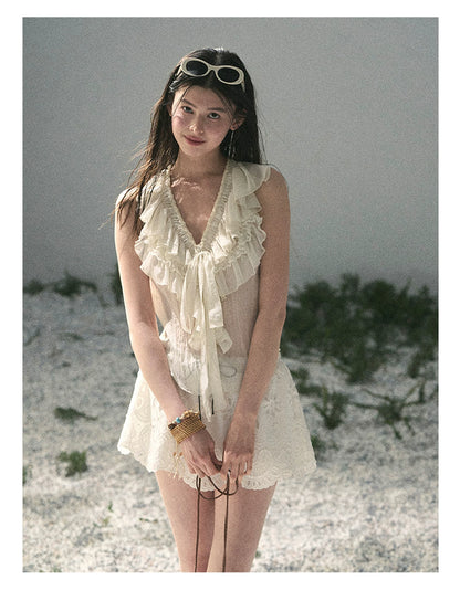 “Moonlight Through Sheer Veils” Ivory Ruffle Chiffon Blouse