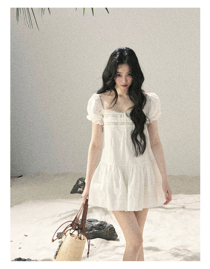 "Light as a Cloud" Frost White Puff Sleeve Lace Babydoll Mini Dress