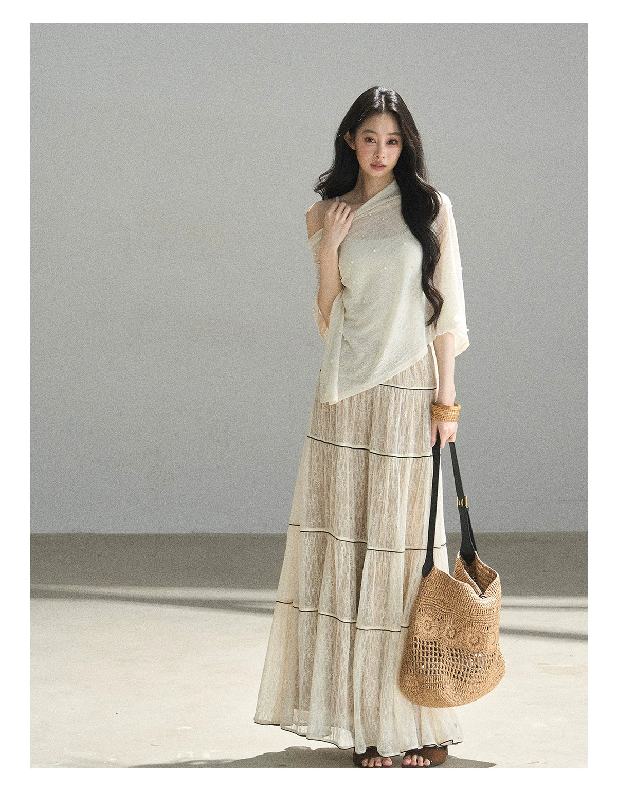 "Mist Through the Woods" Creamy Apricot White Lace Maxi A-Line Skirt