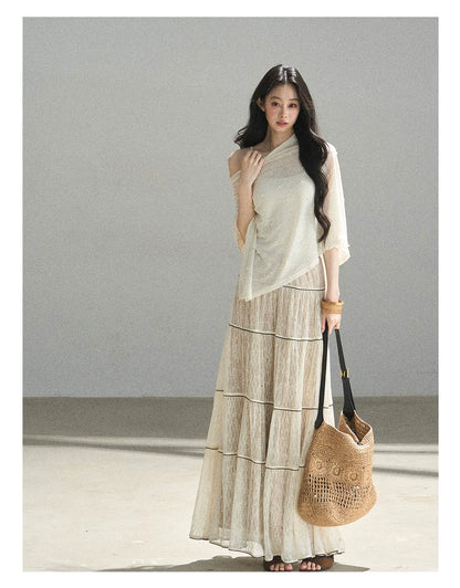 "Mist Through the Woods" Creamy Apricot White Lace Maxi A-Line Skirt
