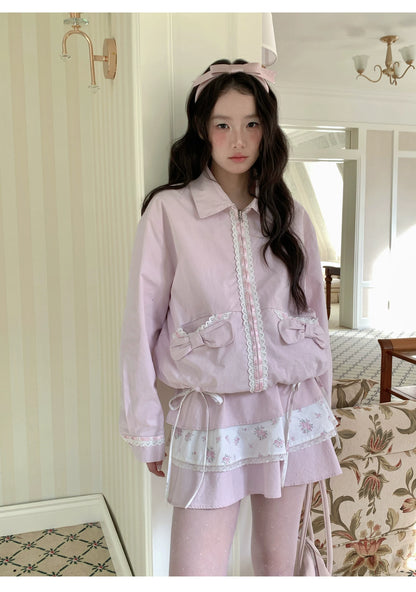 [RF] “Blush Meadow” White & Pink Floral Reversible Jacket and Mini Skirt Set
