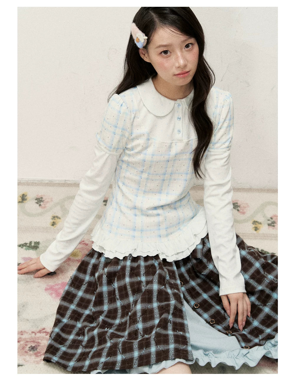 [RF] Star Blue Faux Two-Piece Lace-Trim Blouse with Peter Pan Collar