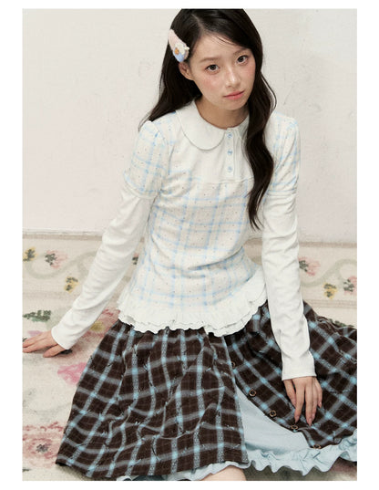 [RF] Star Blue Faux Two-Piece Lace-Trim Blouse with Peter Pan Collar