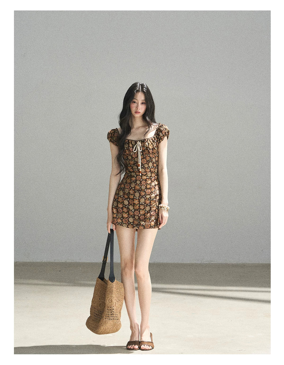 "Wildflowers & Freedom" Mocha Mousse Floral Puff Sleeve Mini Dress
