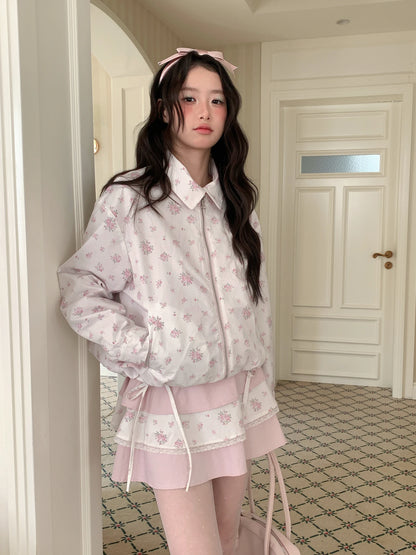 [RF] “Blush Meadow” White & Pink Floral Reversible Jacket and Mini Skirt Set