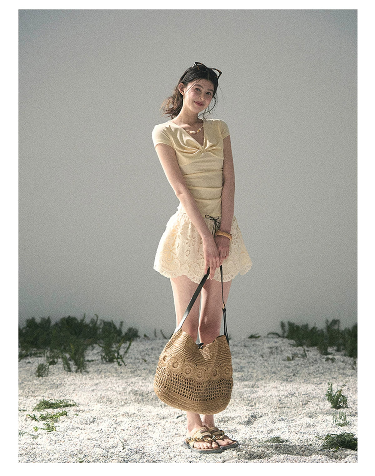“Sheer Spring Whisper” Milkshake Yellow Twist V-Neck Top