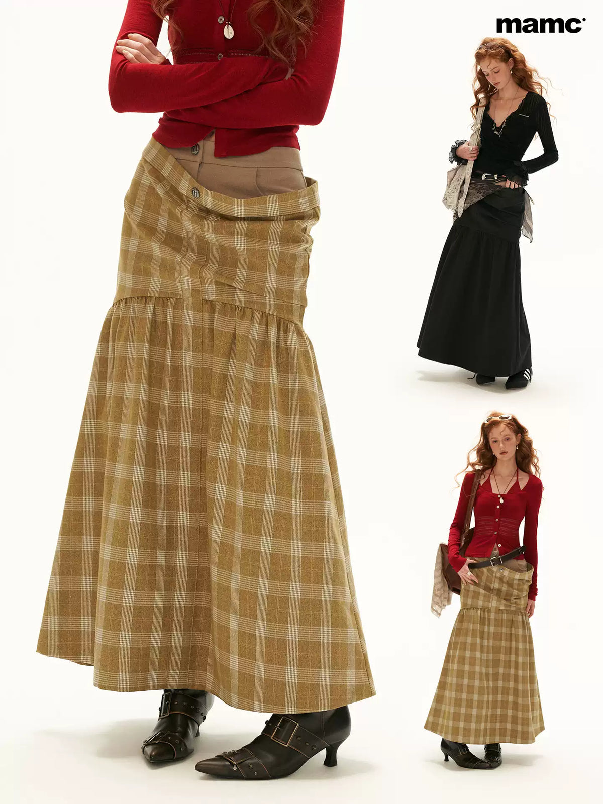 MAMC - Vintage Plaid A-Line Skirt with Layered Waist Detail (Black / Yellow)