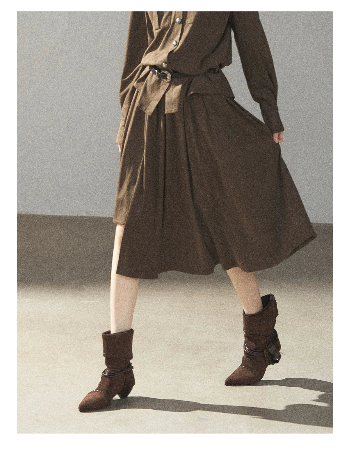AOMALM - Terracotta Brown Shirt & Pleated Mini Skirt Set (With Belt)