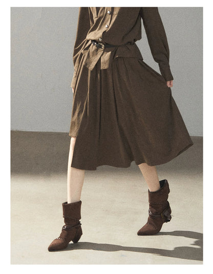 AOMALM - Terracotta Brown Shirt & Pleated Mini Skirt Set (With Belt)