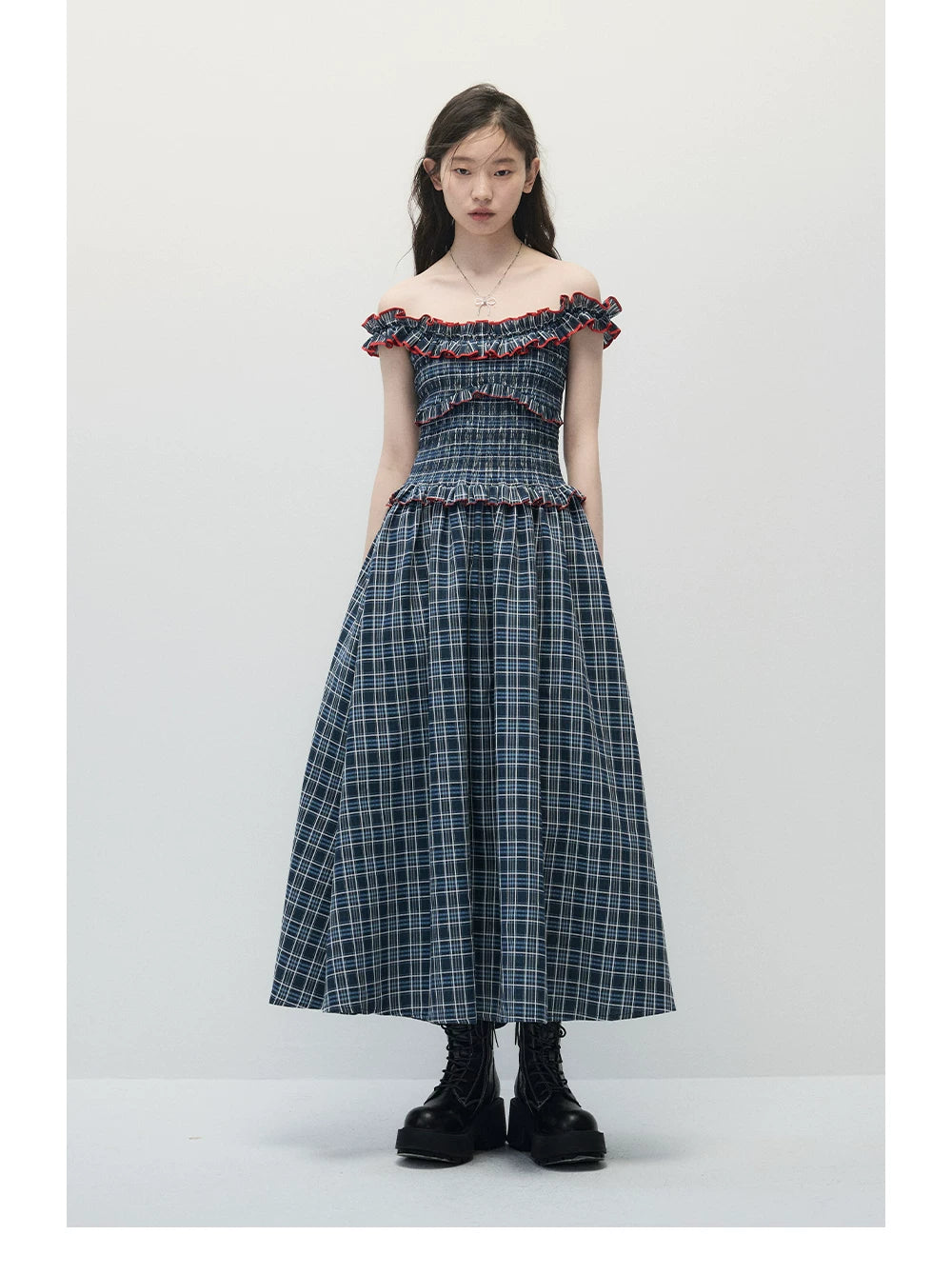 Navy Blue Plaid Off-Shoulder Maxi Dress with Red Contrast Trim