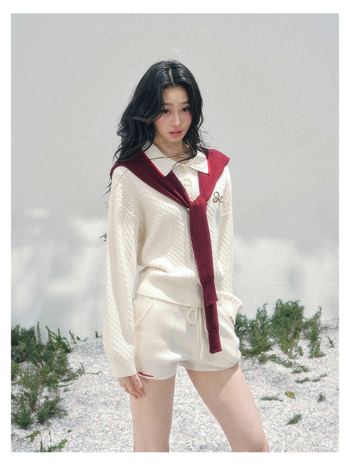 少也眼 “Campus Muse” Apricot Preppy Three-Piece Knit Set 6785654