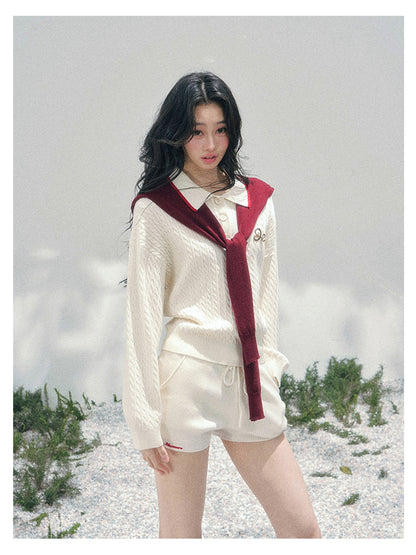 少也眼 “Campus Muse” Apricot Preppy Three-Piece Knit Set 6785654