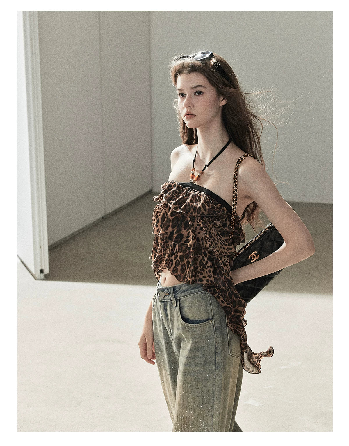"Chasing the Sunset" Chestnut Brown Leopard Halter Ruffle Crop Top