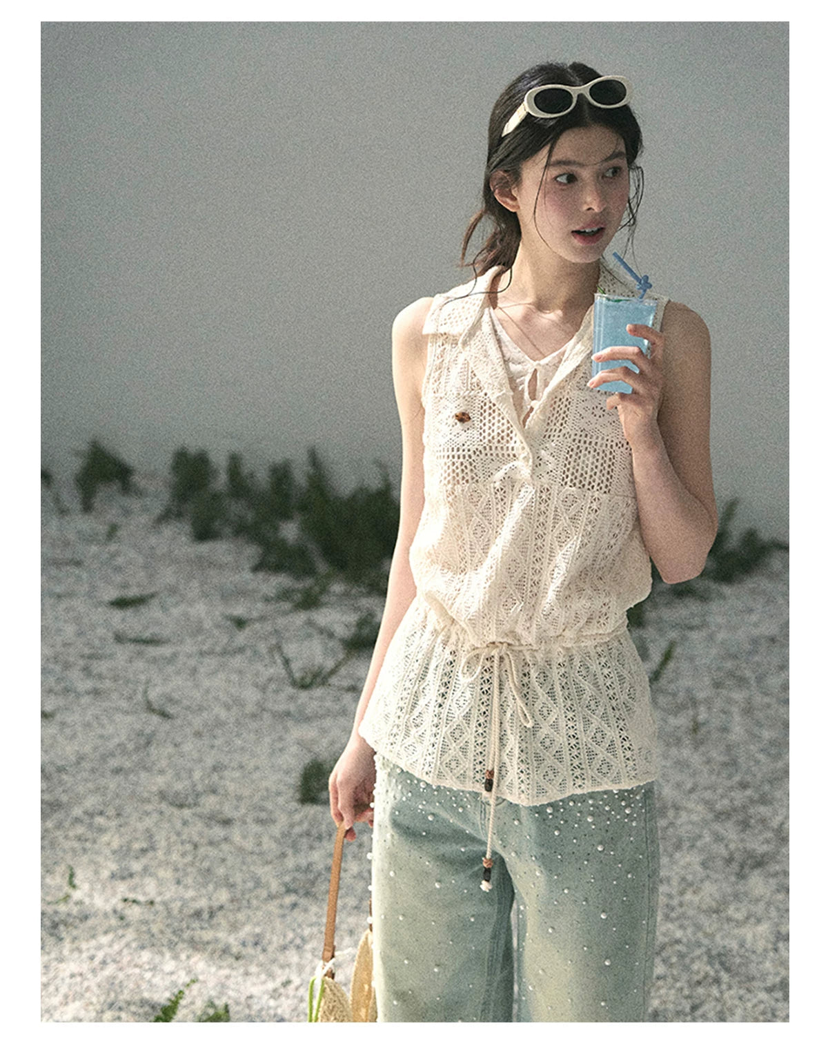 “Summer Breeze Kissing the Hem” Ivory Lace Layered Sleeveless Top