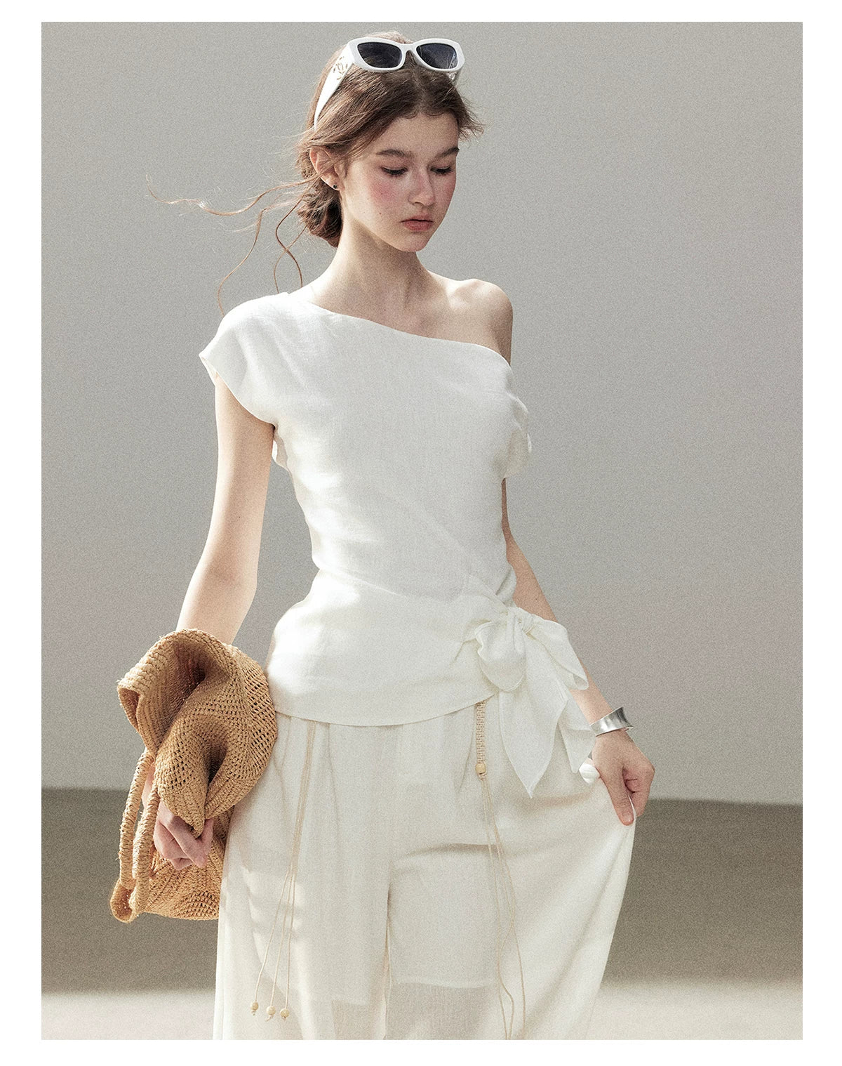 "Her Moonlight" Camellia White Off-Shoulder Top & Wide-Leg Pants Set