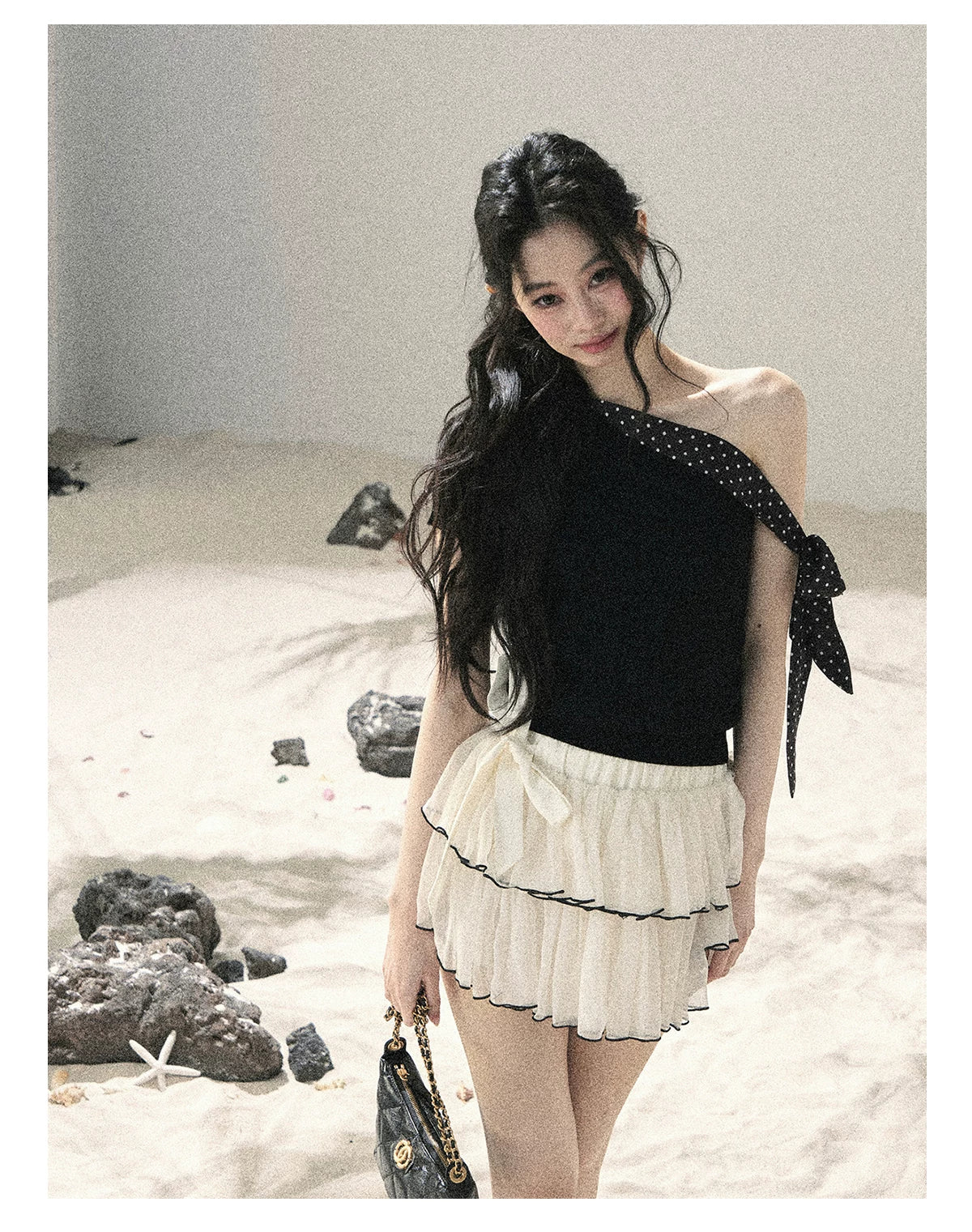 "Morning Dew & Evening Breeze" Midnight Black One-Shoulder Polka Dot Crop Top