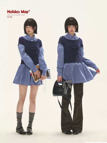 "Holiday Blues" Blue Plaid Bow Shirt Mini Dress