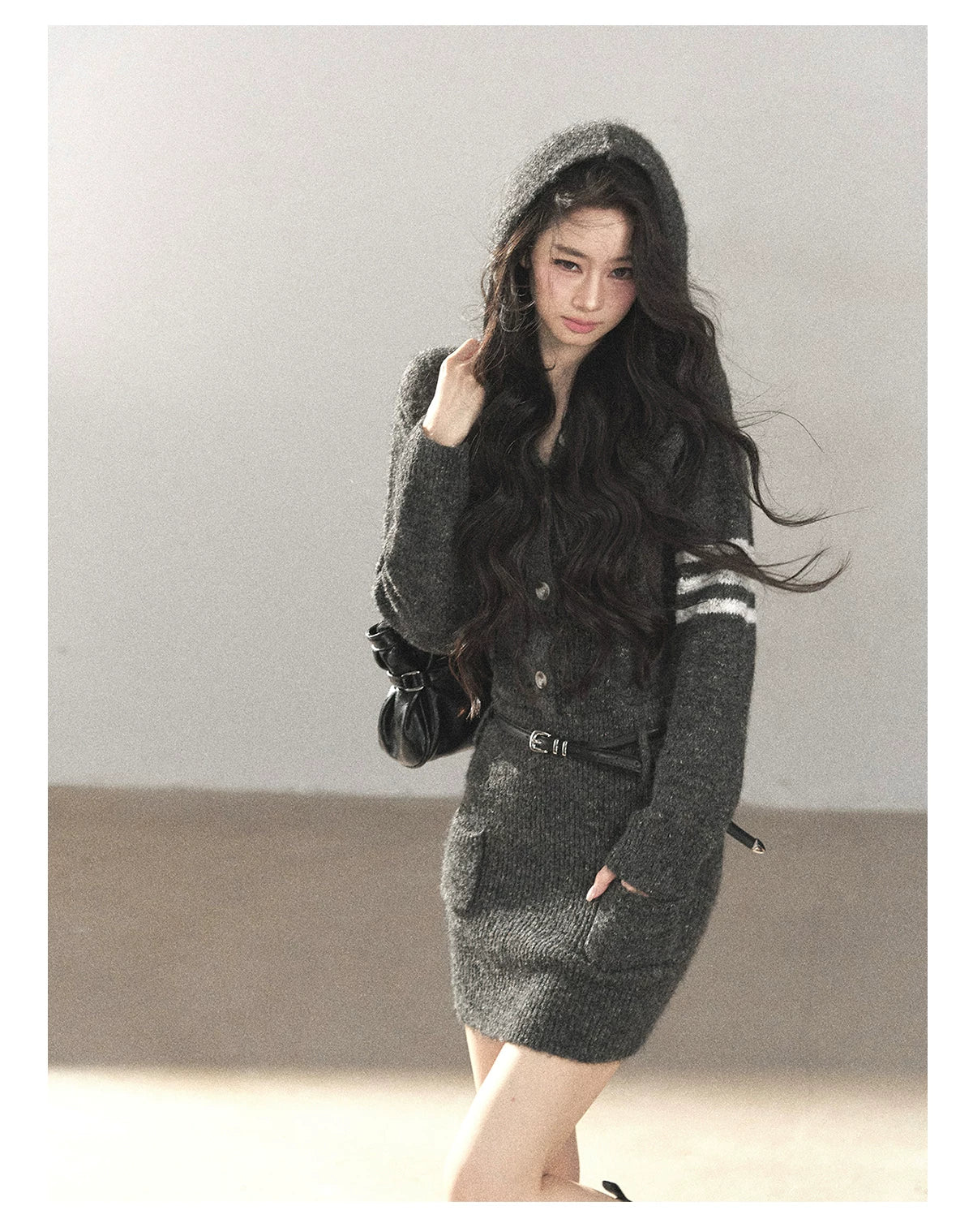 AOMALM - Whale Gray Hooded Faux-Two-Piece Knit Dress with Belt