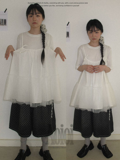 "Airy Veil" Layering Mesh Cami Top (Black / White)