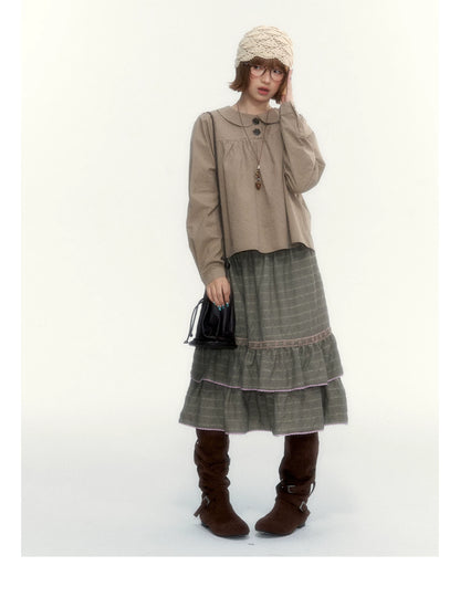 "The Vintage Darling" Light Coffee Plaid Cotton Peter Pan Collar Blouse