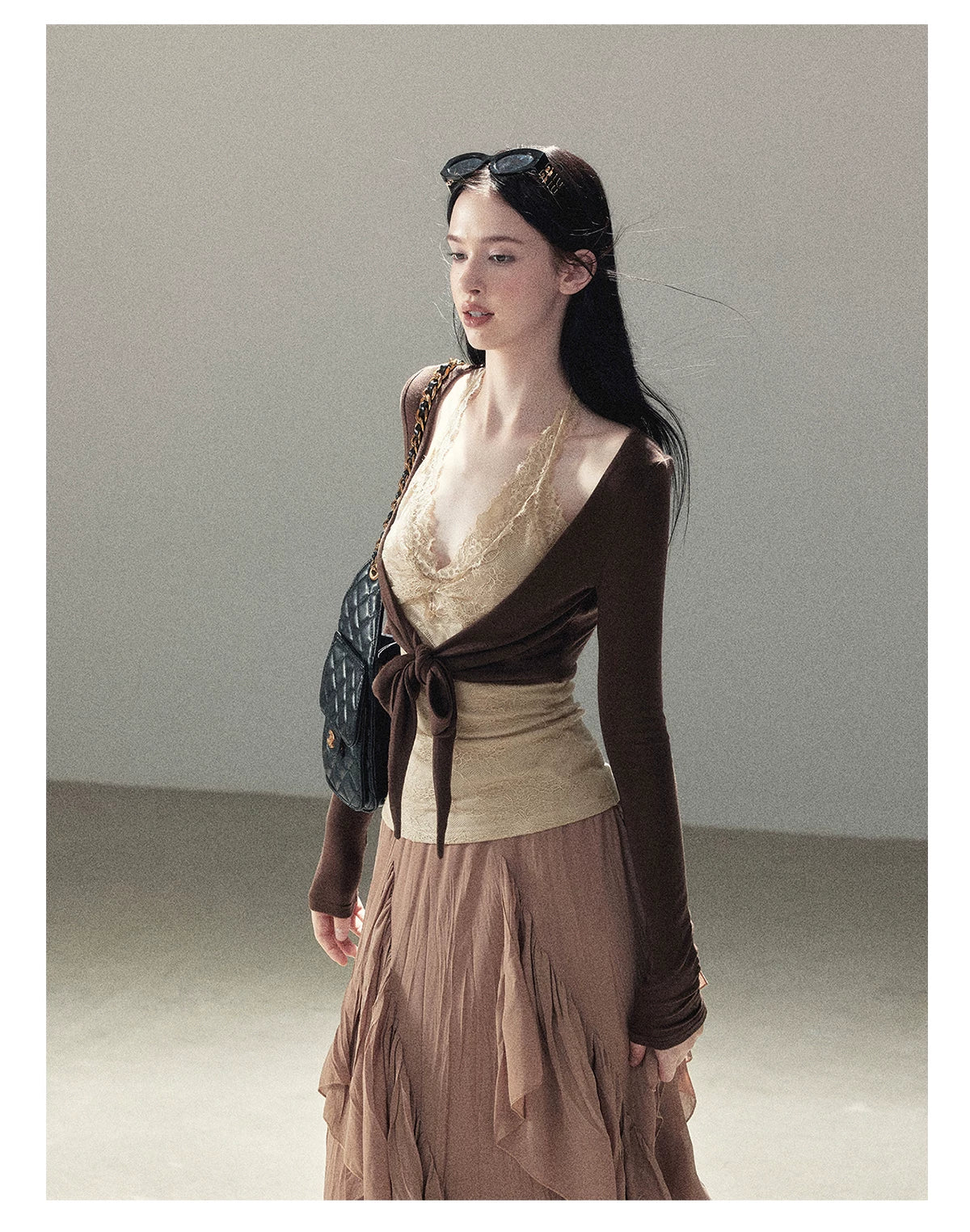AOMALM - "Tender in This Moment" Rich Cocoa Faux Two-Piece Lace Top