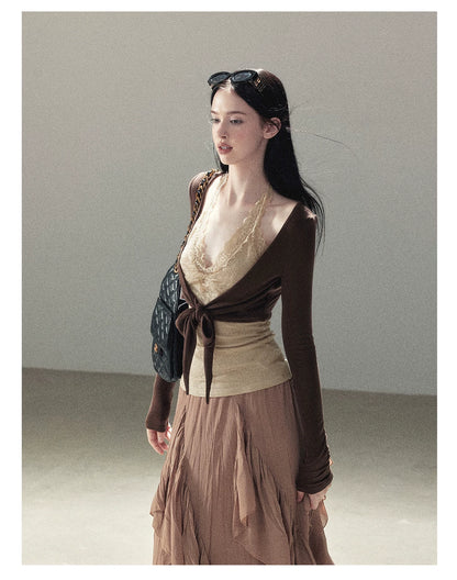 AOMALM - "Tender in This Moment" Rich Cocoa Faux Two-Piece Lace Top