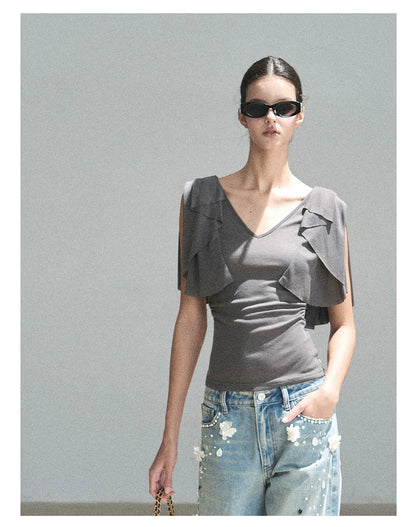 "Where Clouds Fall" Ruffle Sleeve V-Neck Crop Top (Forest Green/ Sage Gray/ Misty Blue/ Cinnamon Pink)