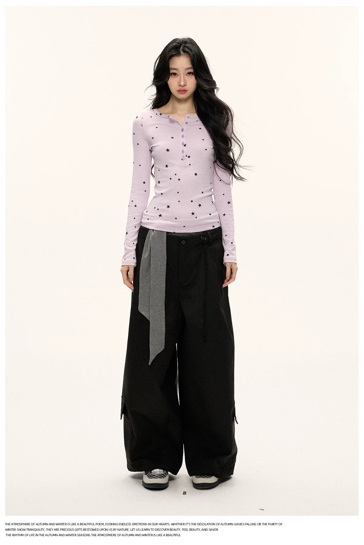 JN's DESIGN - Star Print Fitted Henley Long-Sleeve Top (White / Taro Pink-Purple)