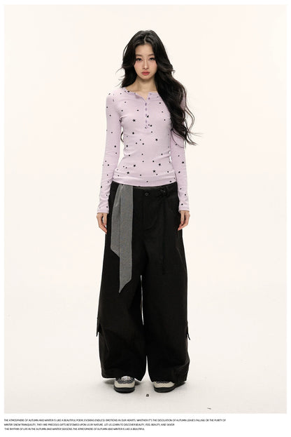 JN's DESIGN - Star Print Fitted Henley Long-Sleeve Top (White / Taro Pink-Purple)