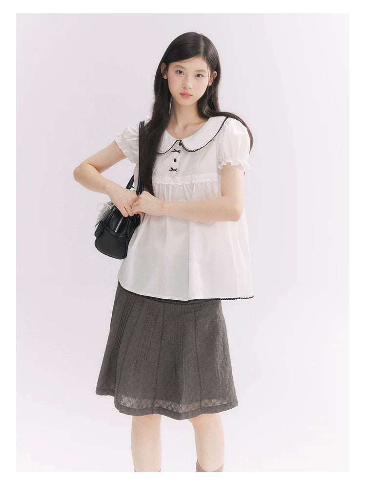 “Misty Texture” Gray Plaid Trim Embroidered A-Line Skirt