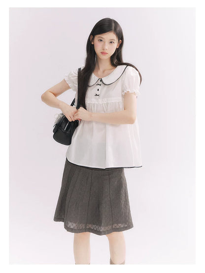 “Misty Texture” Gray Plaid Trim Embroidered A-Line Skirt
