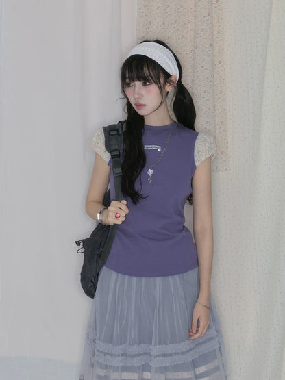 "Lavender Layers" Korean Layered Collection (Puff Sleeve Top / Pleated Midi Skirt / Mesh Overlay Skirt)