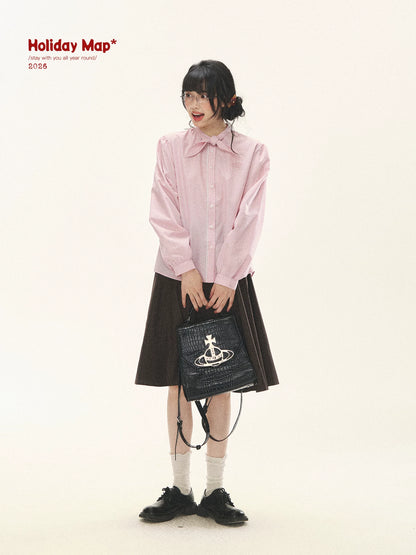 "Blush Poetry" Pink Stripe Cotton Bow Blouse