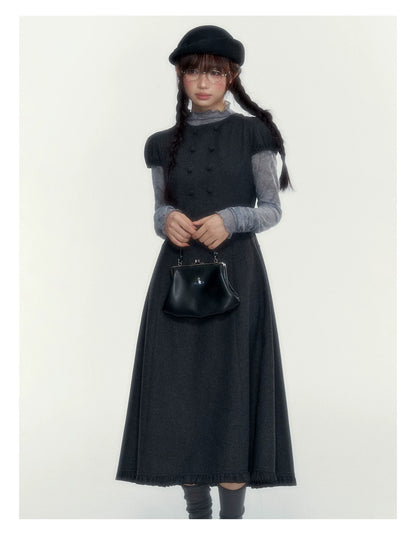 Vintage Double-Breasted Wool Dress & Knit Fringe Cape Set