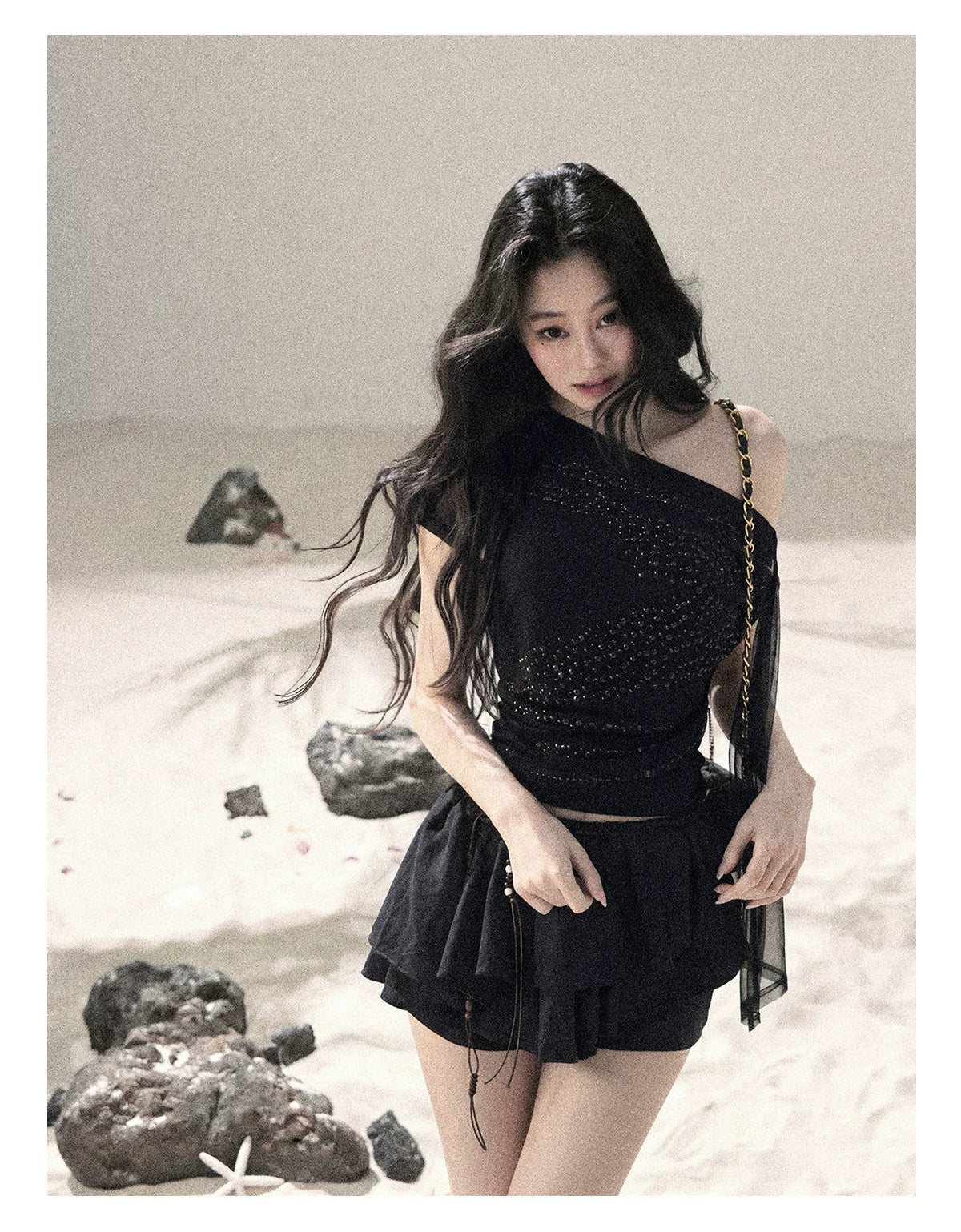 “Frosted Kiss” Quiet Black Crystal Mesh Short Sleeve Top