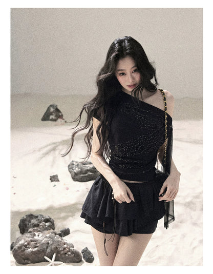 “Frosted Kiss” Quiet Black Crystal Mesh Short Sleeve Top