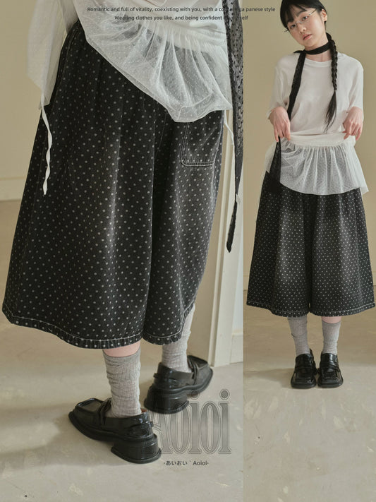 "Midnight Dots" Charcoal Black Polka Dot Cropped Wide Leg Jeans