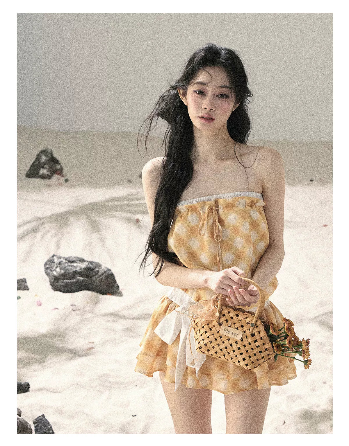 "Breeze Upon the Waves" Cheese Yellow Off-Shoulder Diamond Quilted Mini Dress