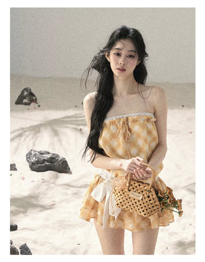 "Breeze Upon the Waves" Cheese Yellow Off-Shoulder Diamond Quilted Mini Dress
