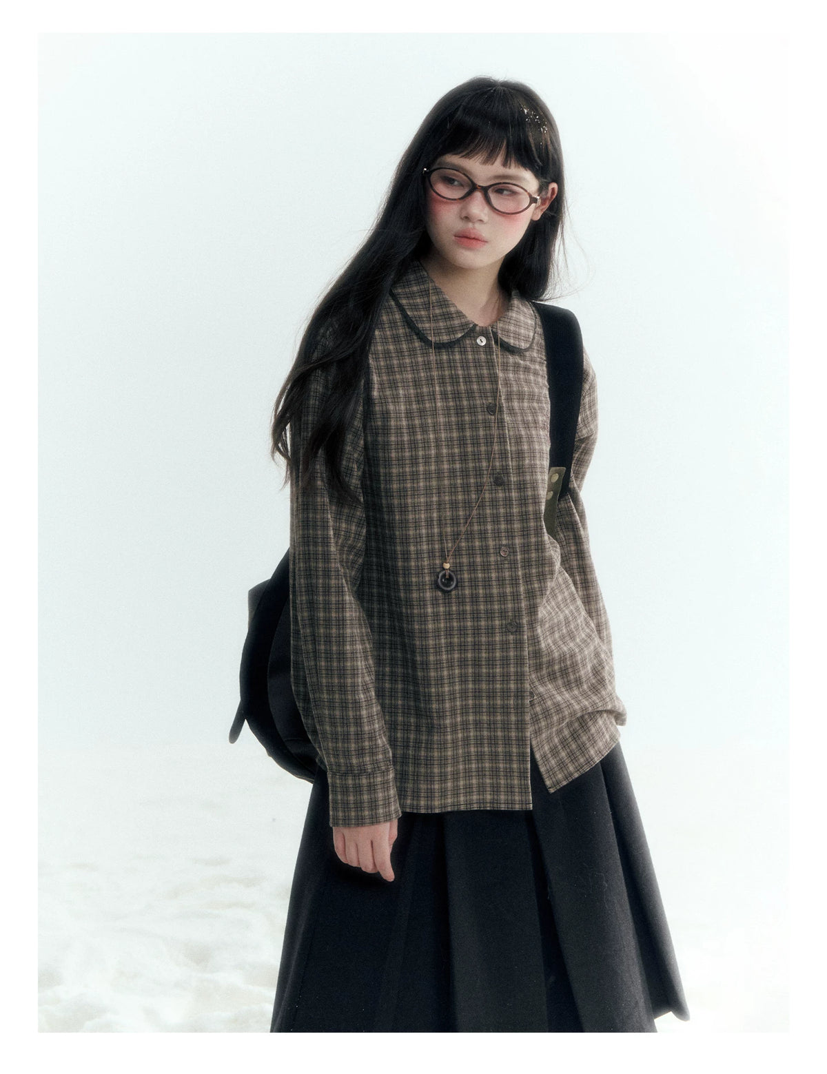 Horridale - Brown Khaki Plaid Embroidered Peter Pan Collar Shirt