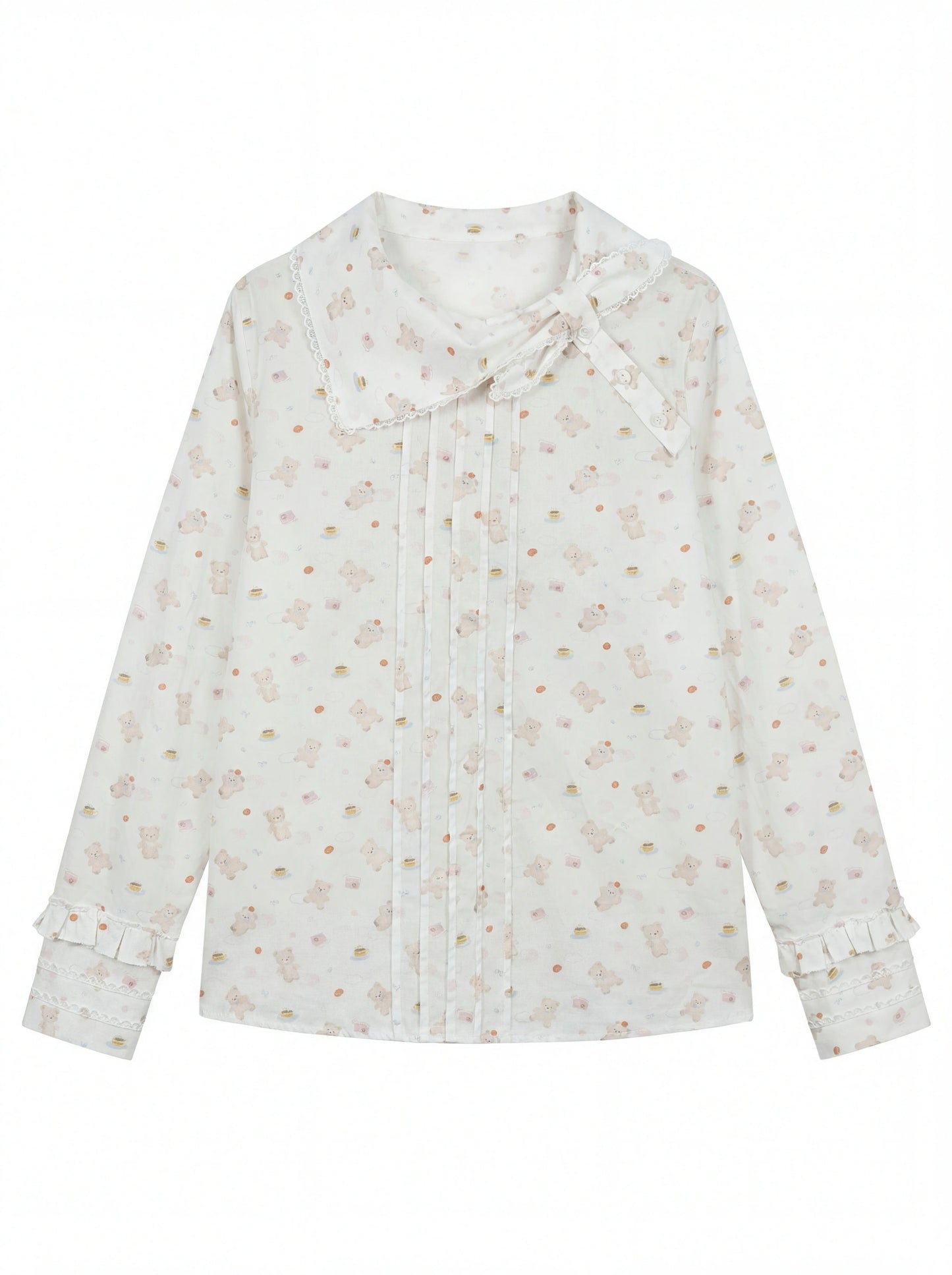 “Pudding Bear Letter” White Teddy Print Lace Blouse