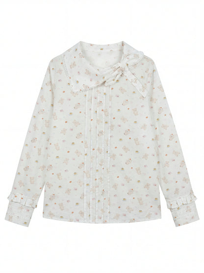 “Pudding Bear Letter” White Teddy Print Lace Blouse