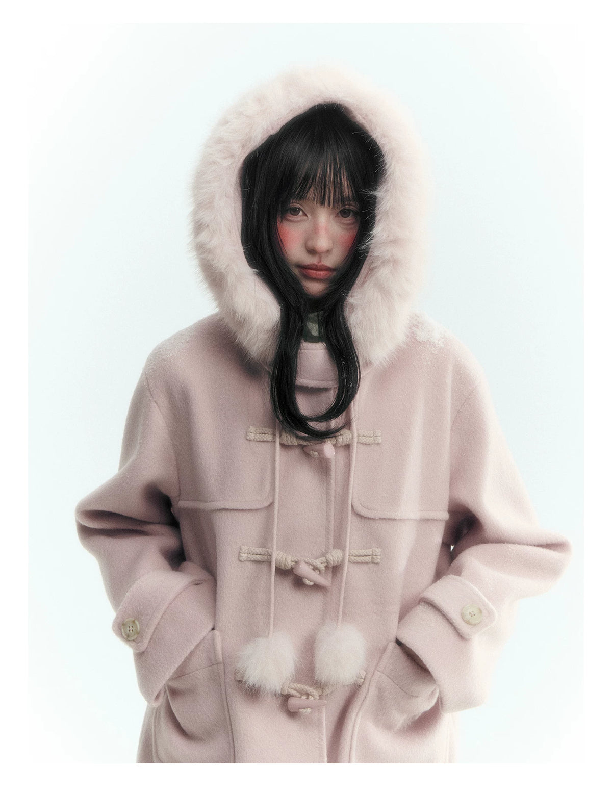 Horridale - Preppy Hooded Wool-Blend Duffle Coat with Pom-Pom Details – Mist Pink