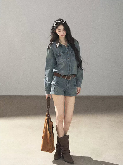 AOMALM - "Borrowed Sunshine" Vintage Blue Denim Commuter Set (Top + Shorts with Belt)