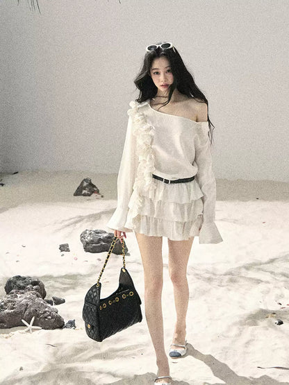"Petals of Early Summer" Mist White Ruffle One-Shoulder Cake Dress (With Belt) 58648