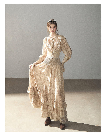 170726 "Growing an Autumn Breeze" Milk Tea Floral Blouse & Maxi Skirt Set