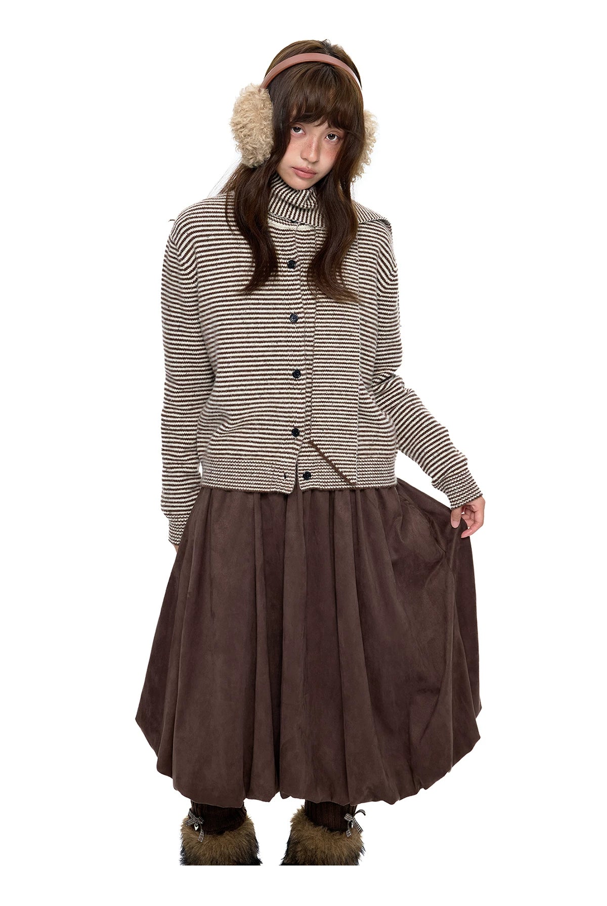 EZEK | Speckled Crew Neck Cardigan Sweater (Gray / Caramel)
